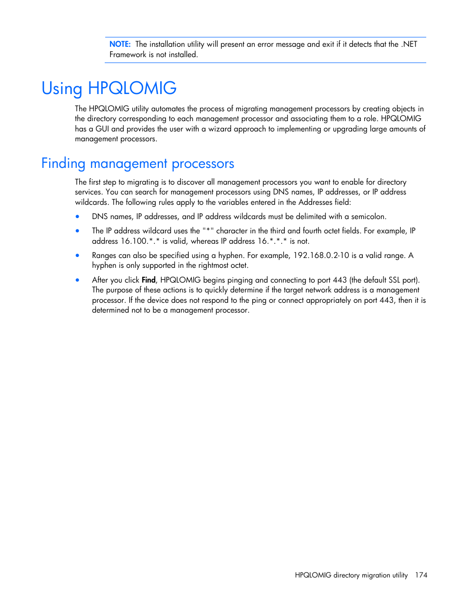 Using hpqlomig, Finding management processors | HP Integrated Lights-Out User Manual | Page 174 / 236
