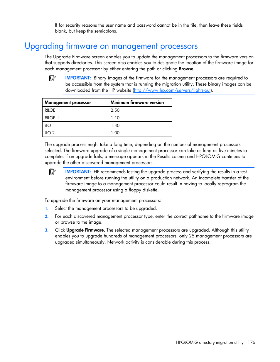 Upgrading firmware on management processors | HP Integrated Lights-Out User Manual | Page 176 / 236