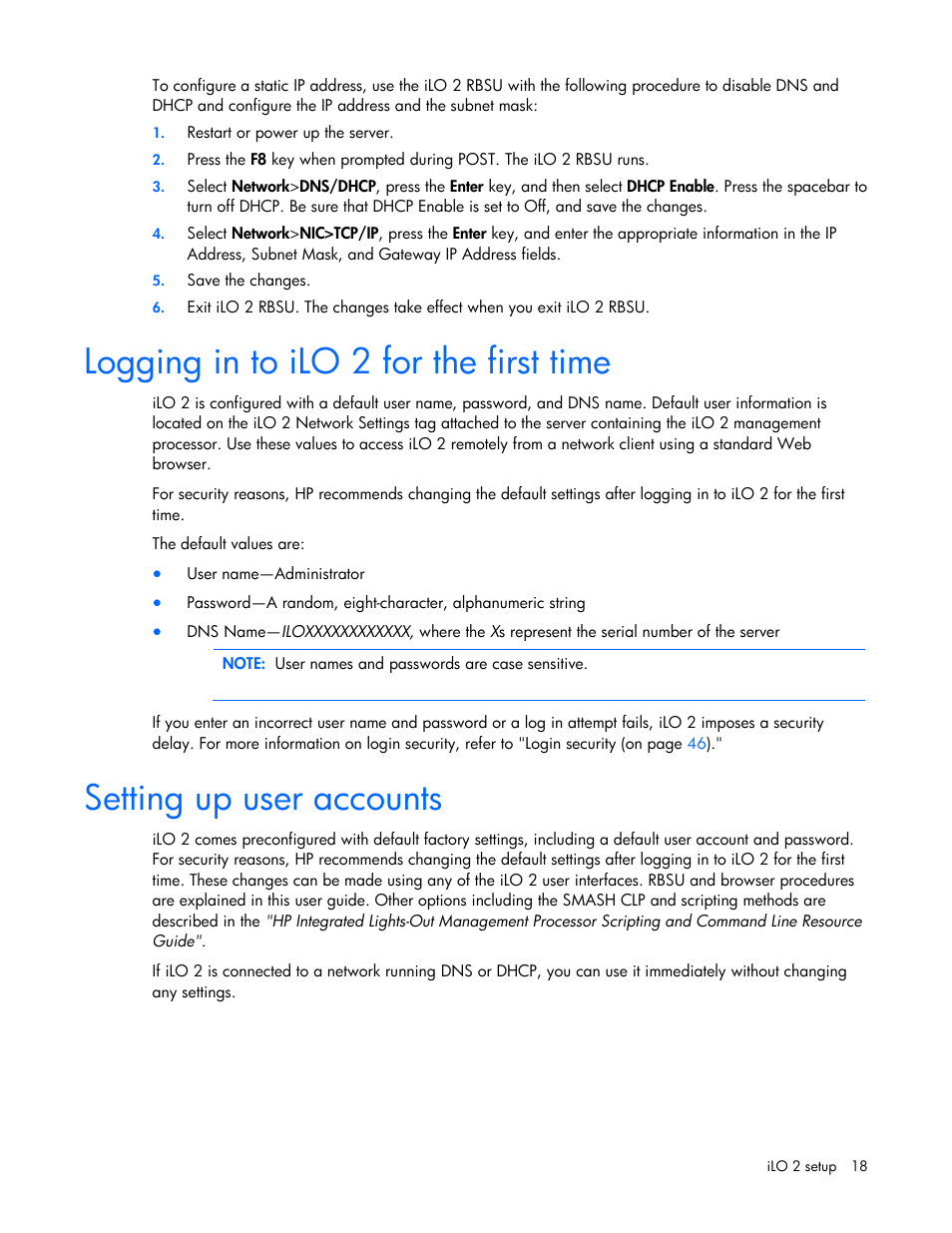 Logging in to ilo 2 for the first time, Setting up user accounts, Logging in to | Ilo 2 for the first time | HP Integrated Lights-Out User Manual | Page 18 / 236