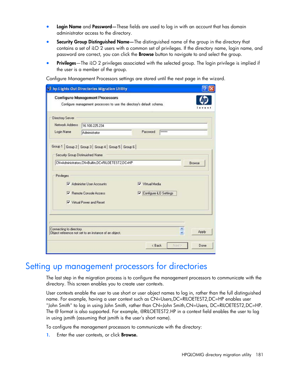 Setting up management processors for directories | HP Integrated Lights-Out User Manual | Page 181 / 236