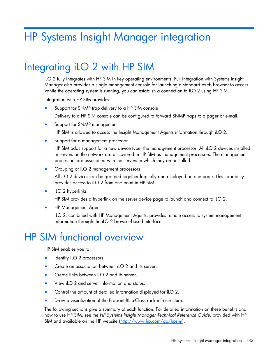 Hp systems insight manager integration, Integrating ilo 2 with hp sim, Hp sim functional overview | HP Integrated Lights-Out User Manual | Page 183 / 236
