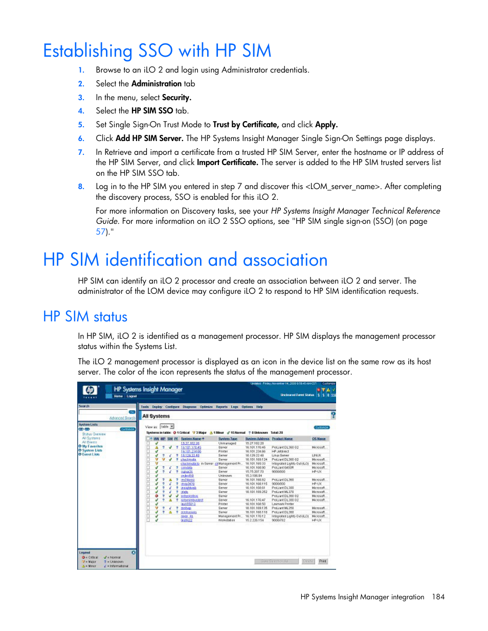 Establishing sso with hp sim, Hp sim identification and association, Hp sim status | HP Integrated Lights-Out User Manual | Page 184 / 236