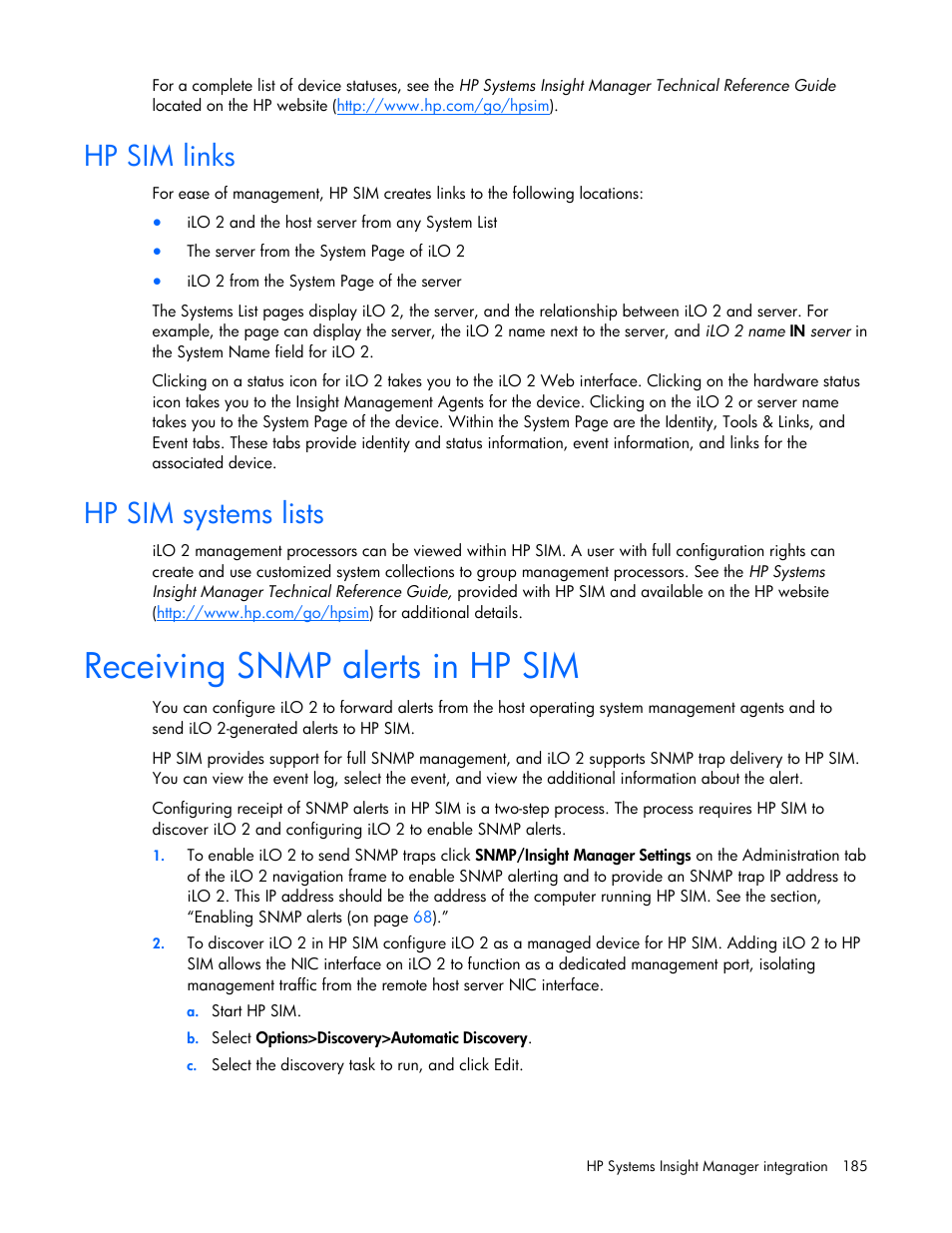 Hp sim links, Hp sim systems lists, Receiving snmp alerts in hp sim | Hp sim links hp sim systems lists | HP Integrated Lights-Out User Manual | Page 185 / 236
