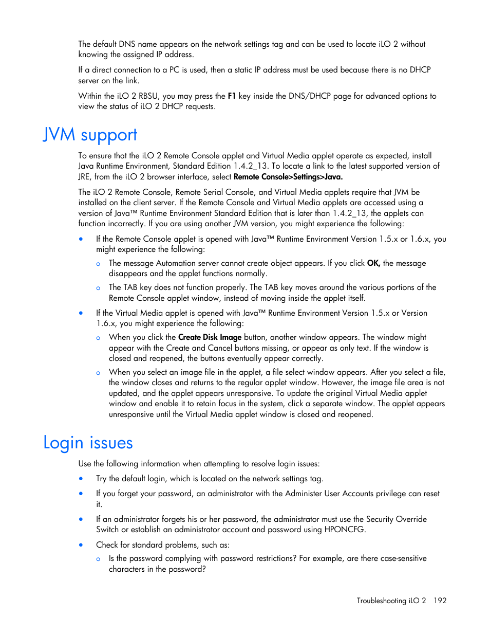 Jvm support, Login issues, Jvm support login issues | HP Integrated Lights-Out User Manual | Page 192 / 236