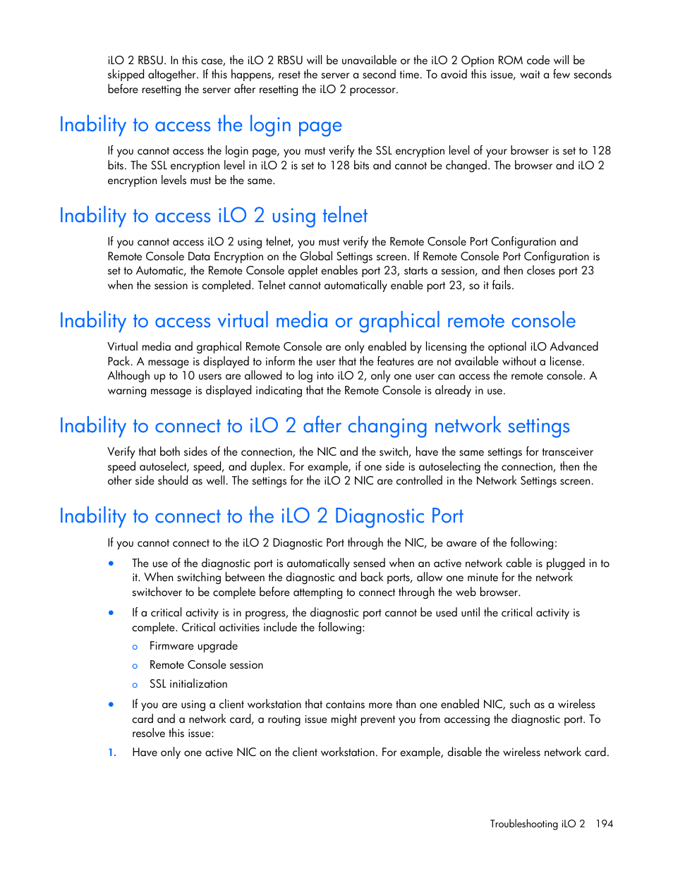 Inability to access ilo 2 using telnet, Inability to connect to the ilo 2 diagnostic port, Inability to access the login page | HP Integrated Lights-Out User Manual | Page 194 / 236
