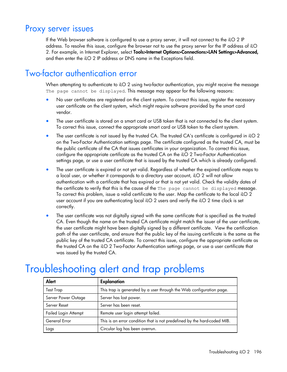 Proxy server issues, Two-factor authentication error, Troubleshooting alert and trap problems | HP Integrated Lights-Out User Manual | Page 196 / 236