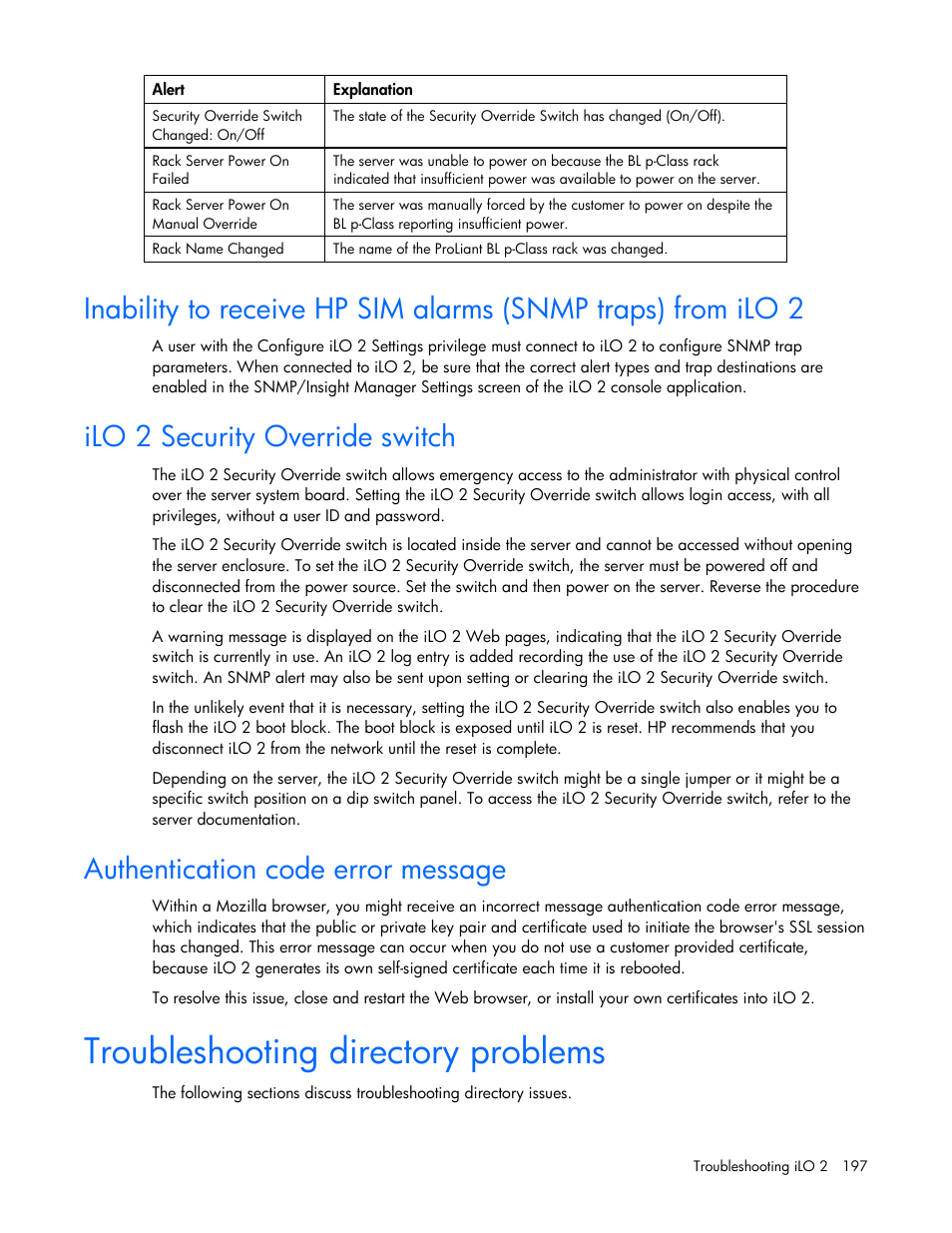 Ilo 2 security override switch, Authentication code error message, Troubleshooting directory problems | HP Integrated Lights-Out User Manual | Page 197 / 236
