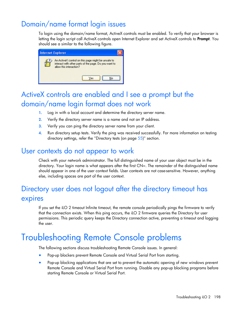 Domain/name format login issues, User contexts do not appear to work, Troubleshooting remote console problems | HP Integrated Lights-Out User Manual | Page 198 / 236
