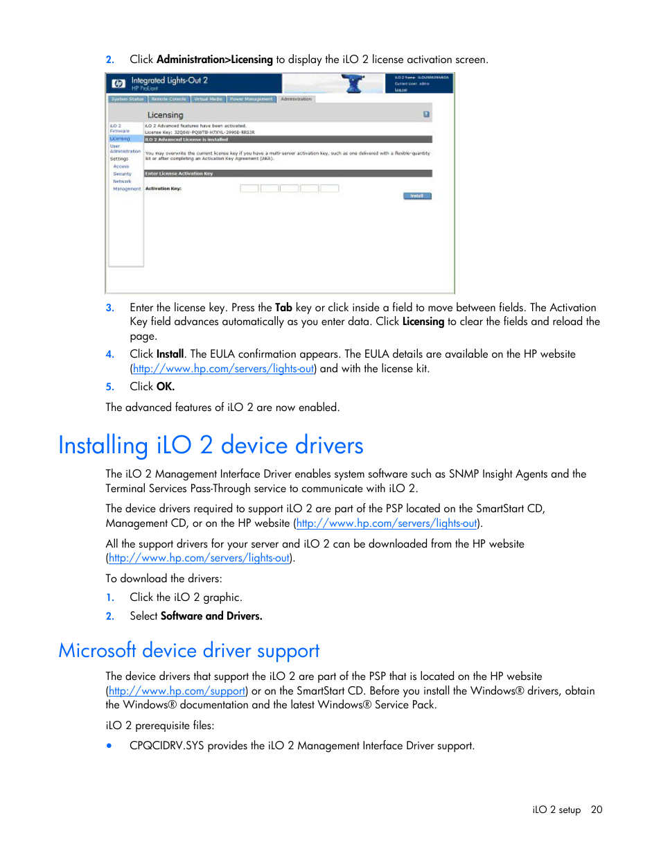 Installing ilo 2 device drivers, Microsoft device driver support | HP Integrated Lights-Out User Manual | Page 20 / 236