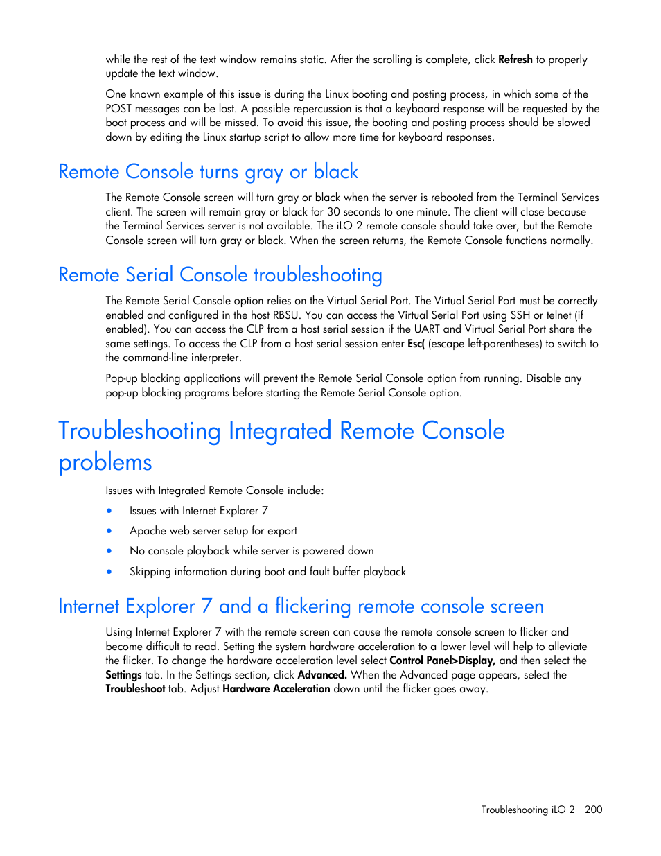 Remote console turns gray or black, Remote serial console troubleshooting, Troubleshooting integrated remote console problems | HP Integrated Lights-Out User Manual | Page 200 / 236