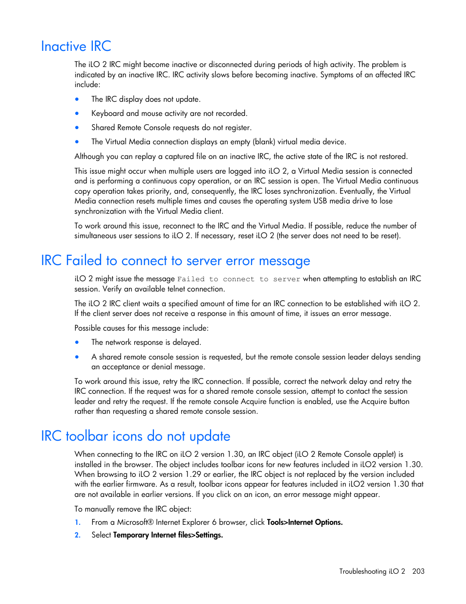 Inactive irc, Irc failed to connect to server error message, Irc toolbar icons do not update | HP Integrated Lights-Out User Manual | Page 203 / 236