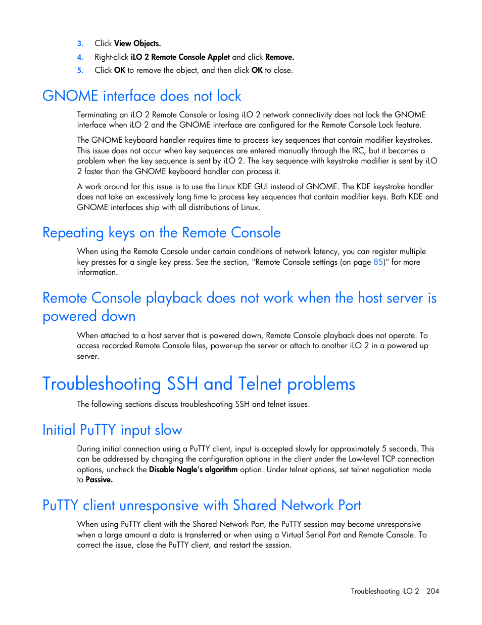 Gnome interface does not lock, Repeating keys on the remote console, Troubleshooting ssh and telnet problems | Initial putty input slow, Putty client unresponsive with shared network port | HP Integrated Lights-Out User Manual | Page 204 / 236
