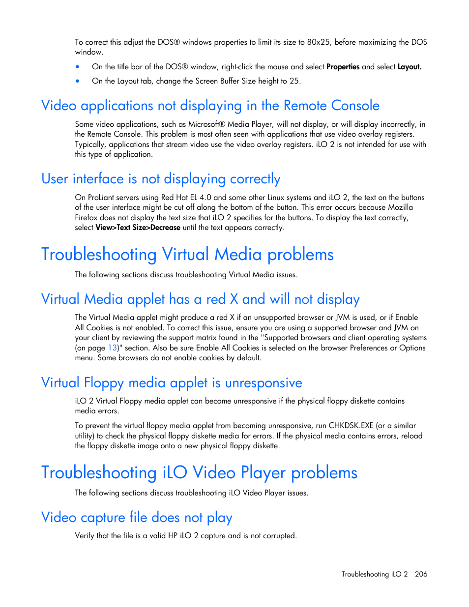 User interface is not displaying correctly, Troubleshooting virtual media problems, Virtual floppy media applet is unresponsive | Troubleshooting ilo video player problems, Video capture file does not play | HP Integrated Lights-Out User Manual | Page 206 / 236