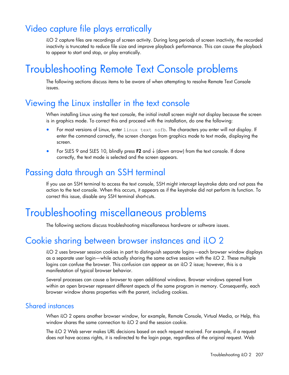 Video capture file plays erratically, Troubleshooting remote text console problems, Viewing the linux installer in the text console | Passing data through an ssh terminal, Troubleshooting miscellaneous problems, Cookie sharing between browser instances and ilo 2, Shared instances | HP Integrated Lights-Out User Manual | Page 207 / 236