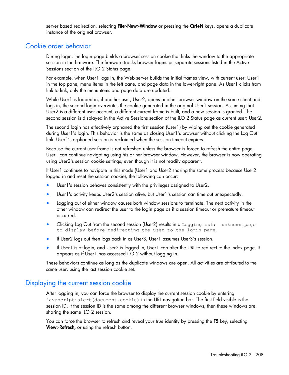 Cookie order behavior, Displaying the current session cookie | HP Integrated Lights-Out User Manual | Page 208 / 236