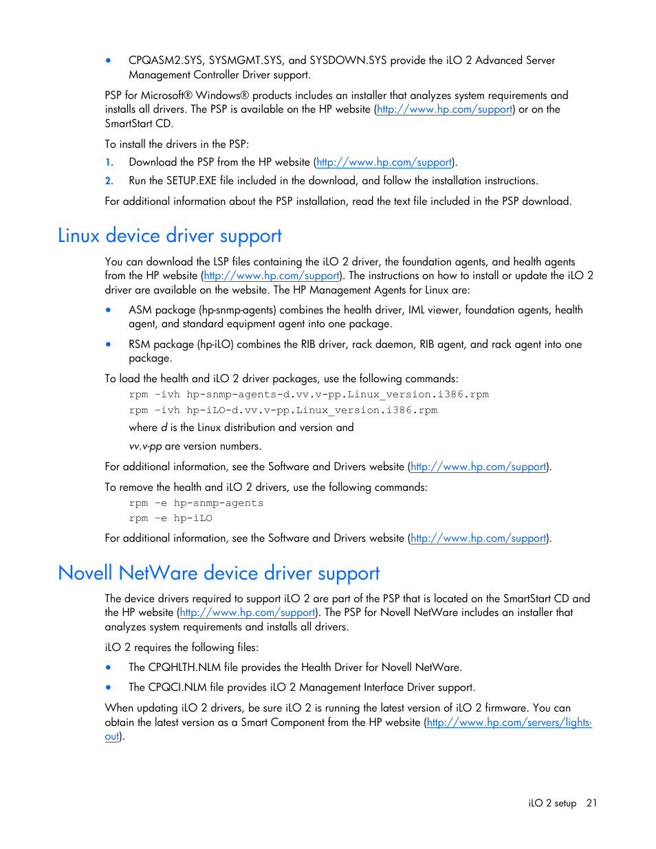 Linux device driver support, Novell netware device driver support | HP Integrated Lights-Out User Manual | Page 21 / 236