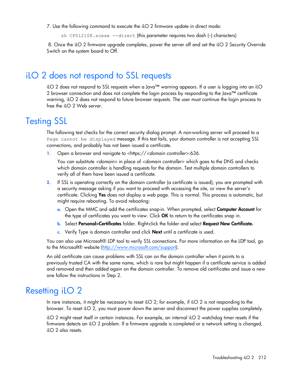 Ilo 2 does not respond to ssl requests, Testing ssl, Resetting ilo 2 | HP Integrated Lights-Out User Manual | Page 212 / 236