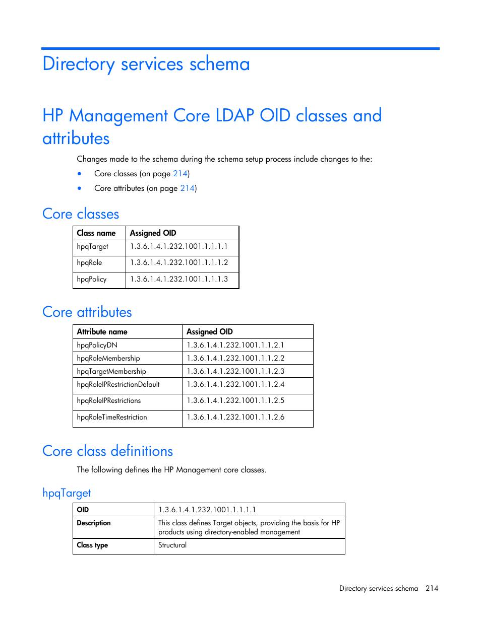 Directory services schema, Hp management core ldap oid classes and attributes, Core classes | Core attributes, Core class definitions, Hpqtarget | HP Integrated Lights-Out User Manual | Page 214 / 236