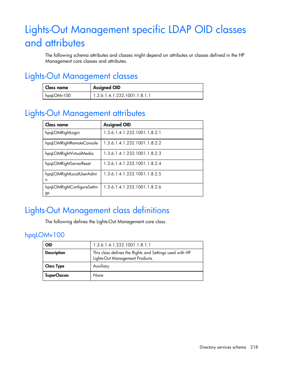 Lights-out management classes, Lights-out management attributes, Lights-out management class definitions | Hpqlomv100 | HP Integrated Lights-Out User Manual | Page 218 / 236