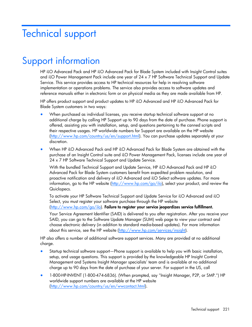 Technical support, Support information | HP Integrated Lights-Out User Manual | Page 221 / 236