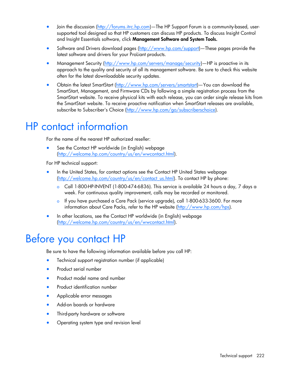 Hp contact information, Before you contact hp, Hp contact information before you contact hp | HP Integrated Lights-Out User Manual | Page 222 / 236