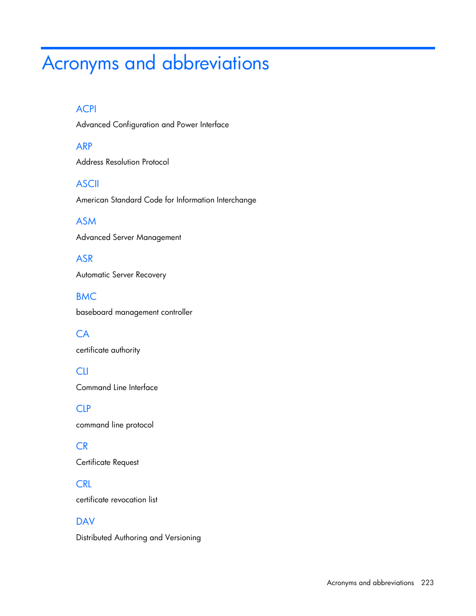 Acronyms and abbreviations | HP Integrated Lights-Out User Manual | Page 223 / 236