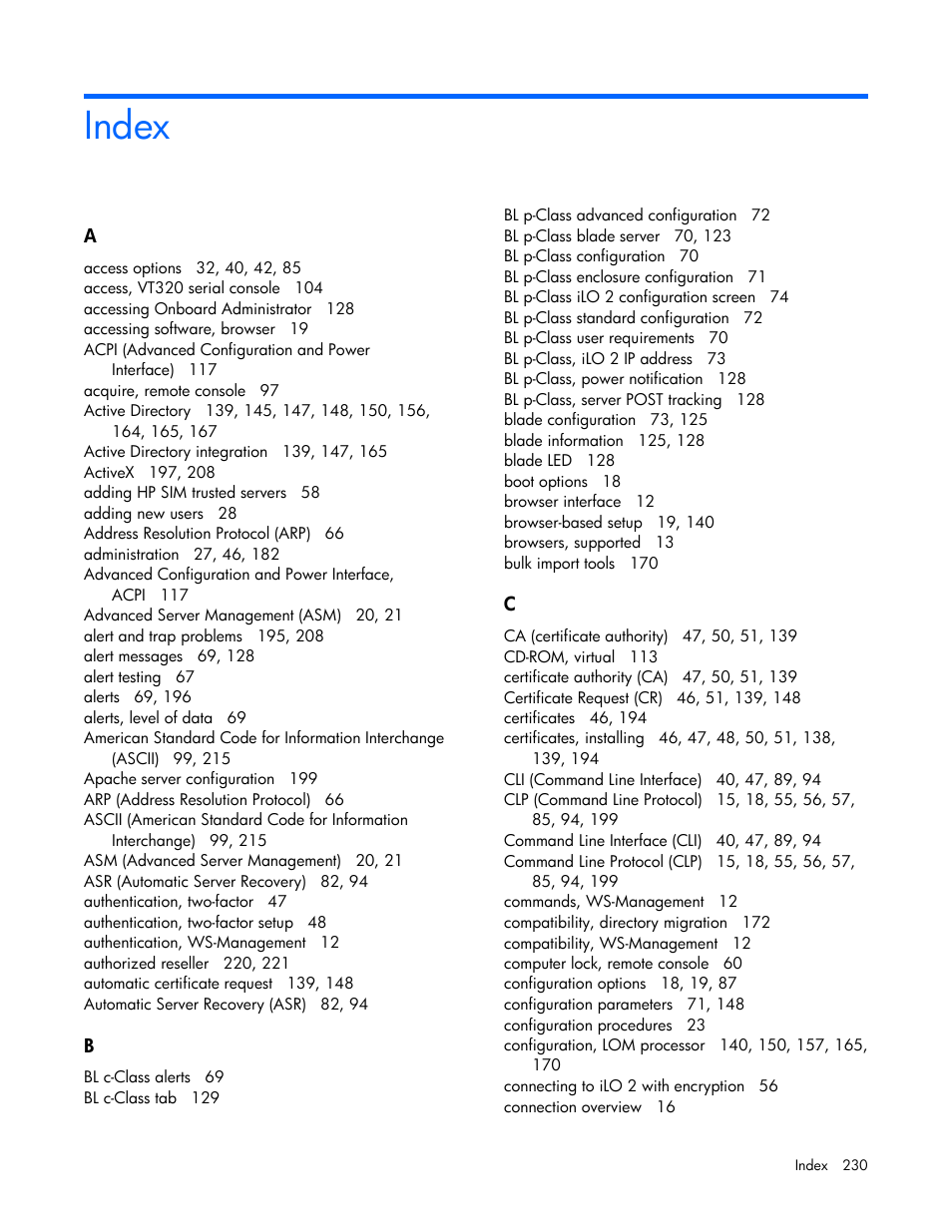 Index | HP Integrated Lights-Out User Manual | Page 230 / 236