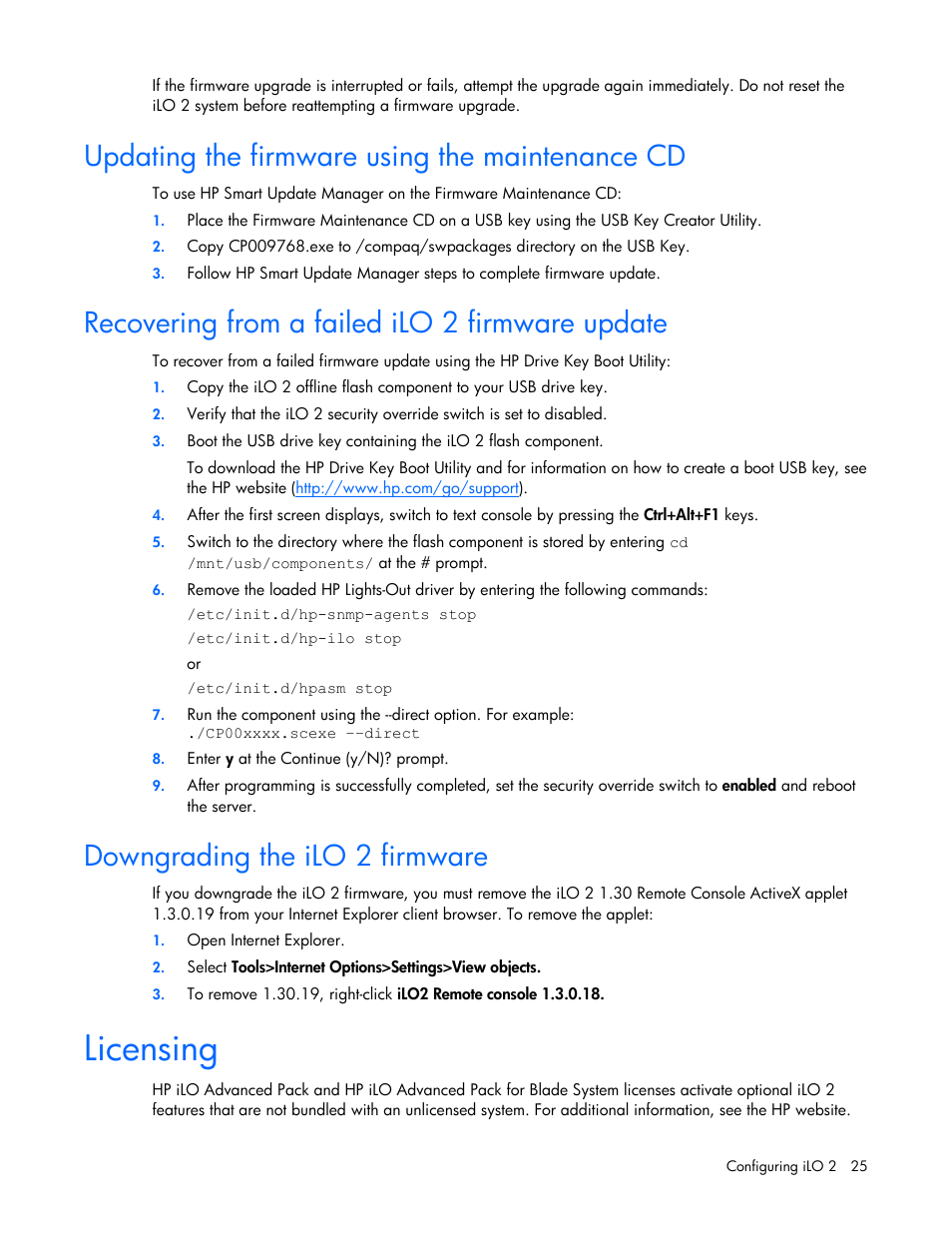 Updating the firmware using the maintenance cd, Recovering from a failed ilo 2 firmware update, Downgrading the ilo 2 firmware | Licensing | HP Integrated Lights-Out User Manual | Page 25 / 236