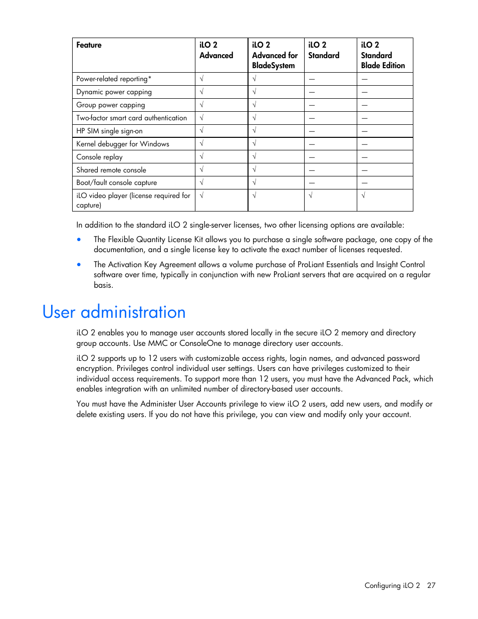User administration | HP Integrated Lights-Out User Manual | Page 27 / 236