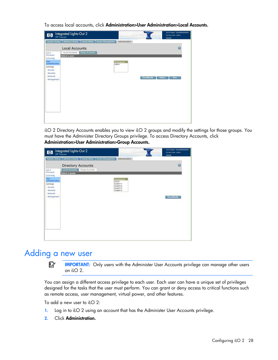 Adding a new user | HP Integrated Lights-Out User Manual | Page 28 / 236
