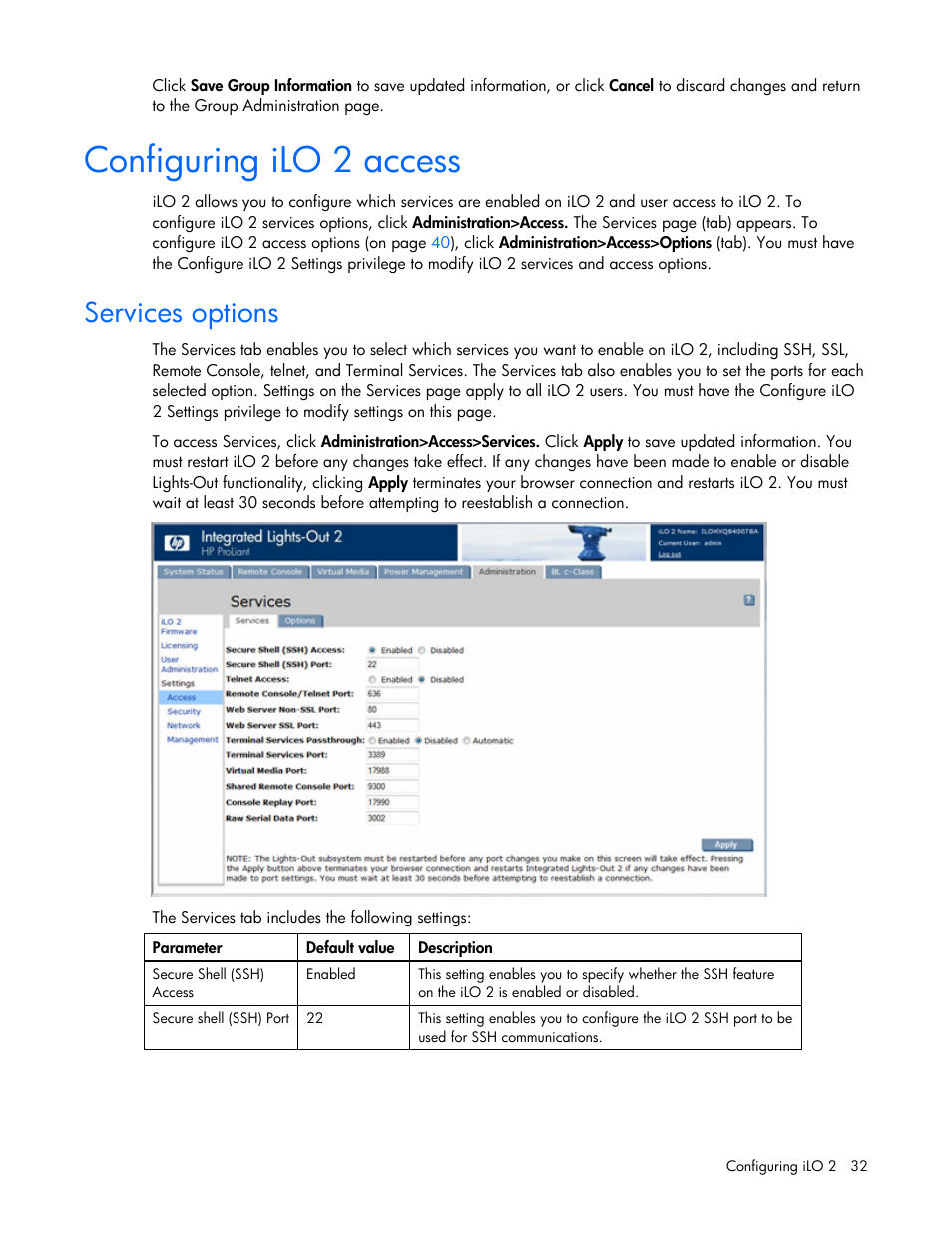 Configuring ilo 2 access, Services options | HP Integrated Lights-Out User Manual | Page 32 / 236