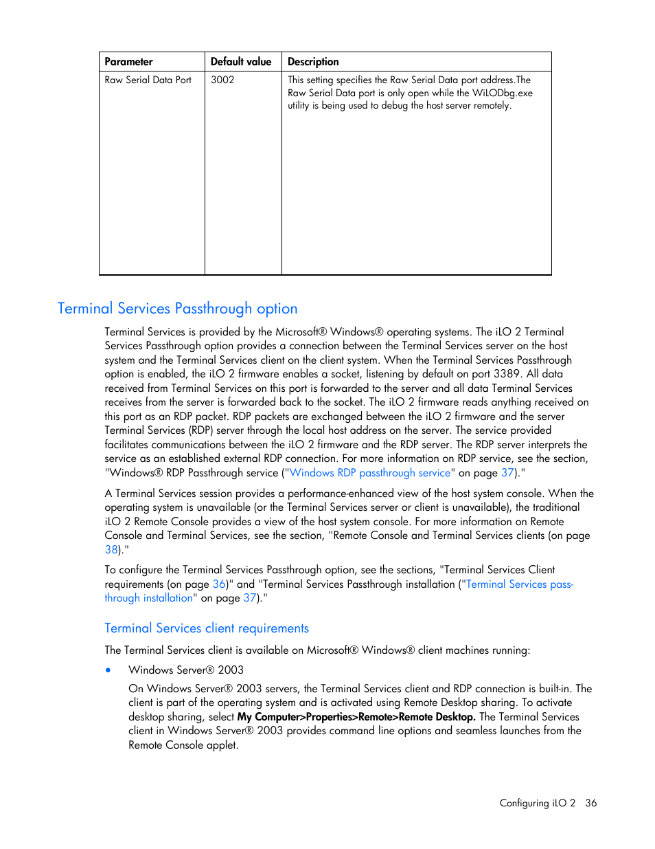 Terminal services passthrough option, Terminal services client requirements | HP Integrated Lights-Out User Manual | Page 36 / 236