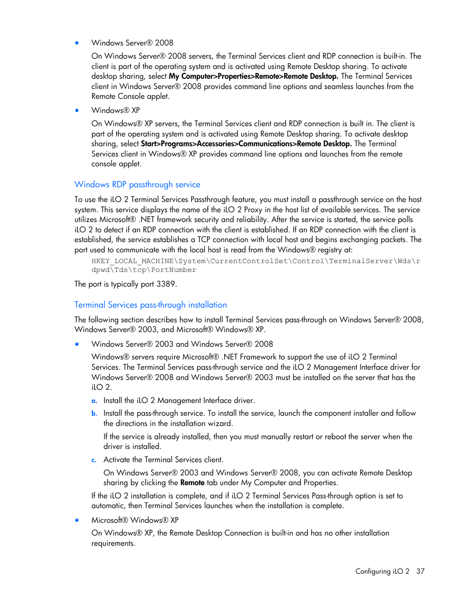 Windows rdp passthrough service, Terminal services pass-through installation, Terminal services pass | Through installation | HP Integrated Lights-Out User Manual | Page 37 / 236