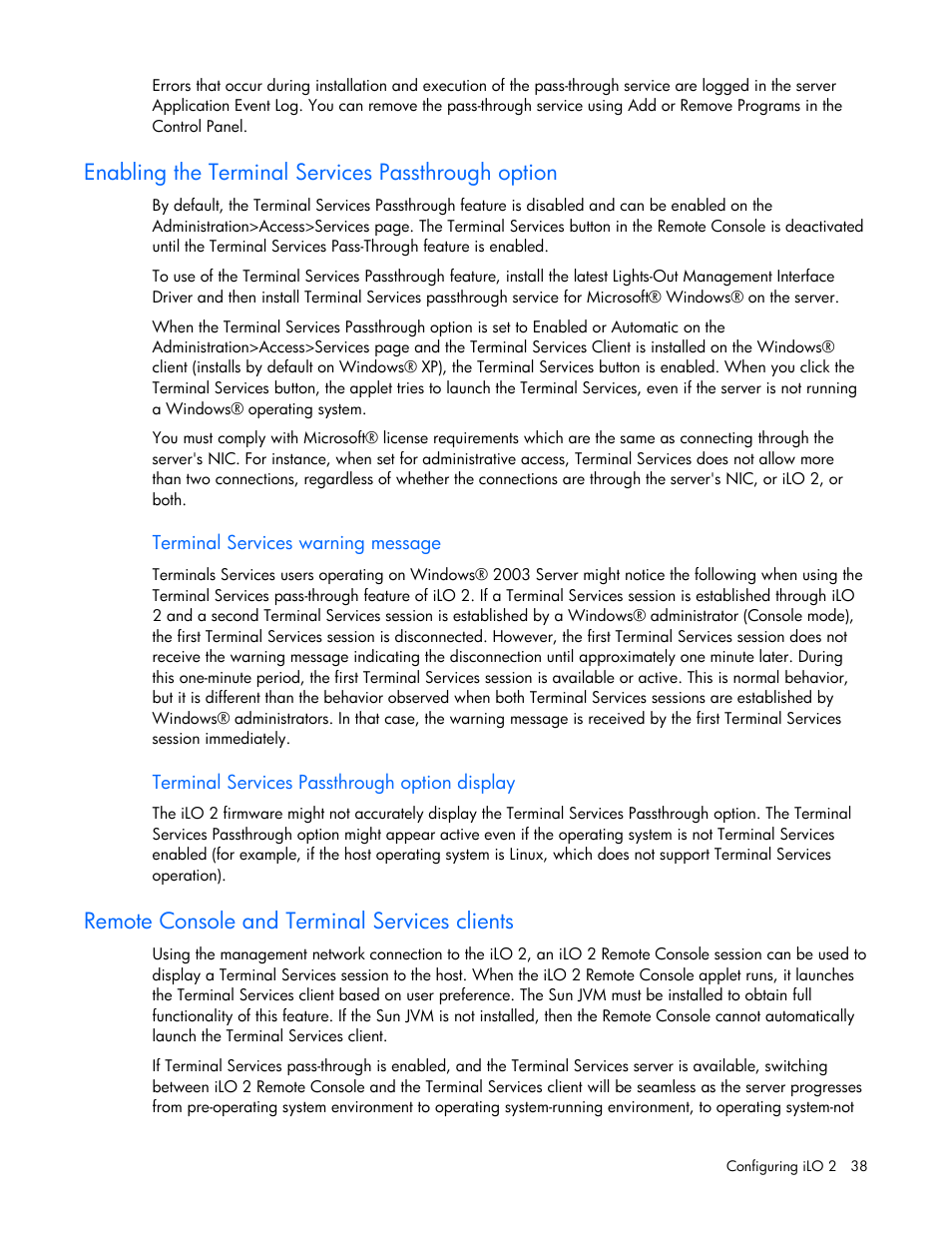 Enabling the terminal services passthrough option, Terminal services warning message, Terminal services passthrough option display | Remote console and terminal services clients | HP Integrated Lights-Out User Manual | Page 38 / 236