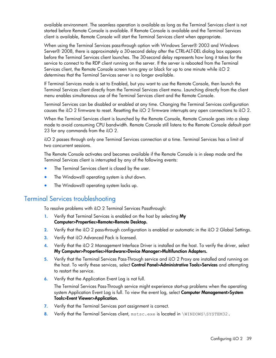 Terminal services troubleshooting | HP Integrated Lights-Out User Manual | Page 39 / 236