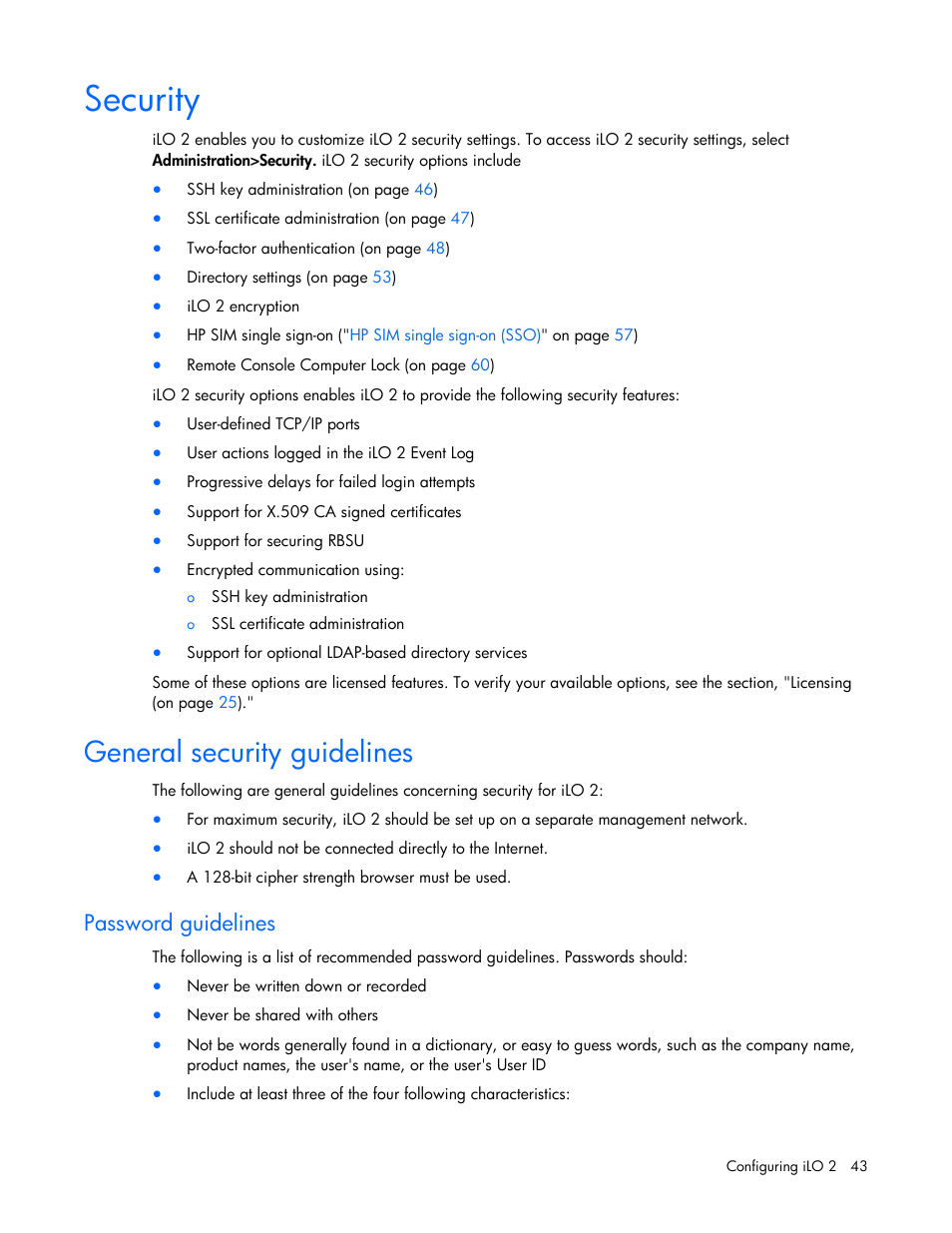 Security, General security guidelines, Password guidelines | HP Integrated Lights-Out User Manual | Page 43 / 236