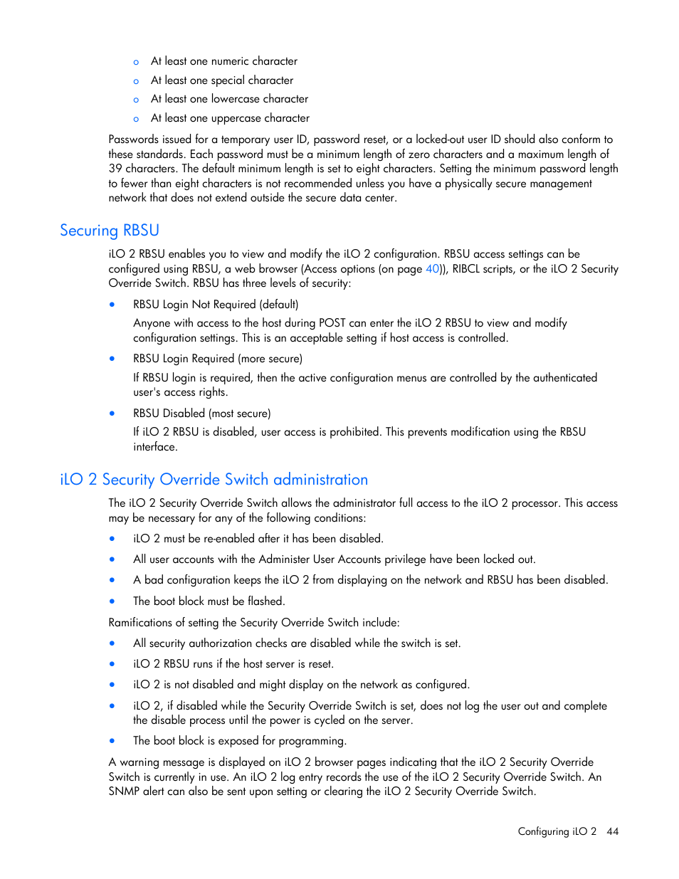 Securing rbsu, Ilo 2 security override switch administration | HP Integrated Lights-Out User Manual | Page 44 / 236