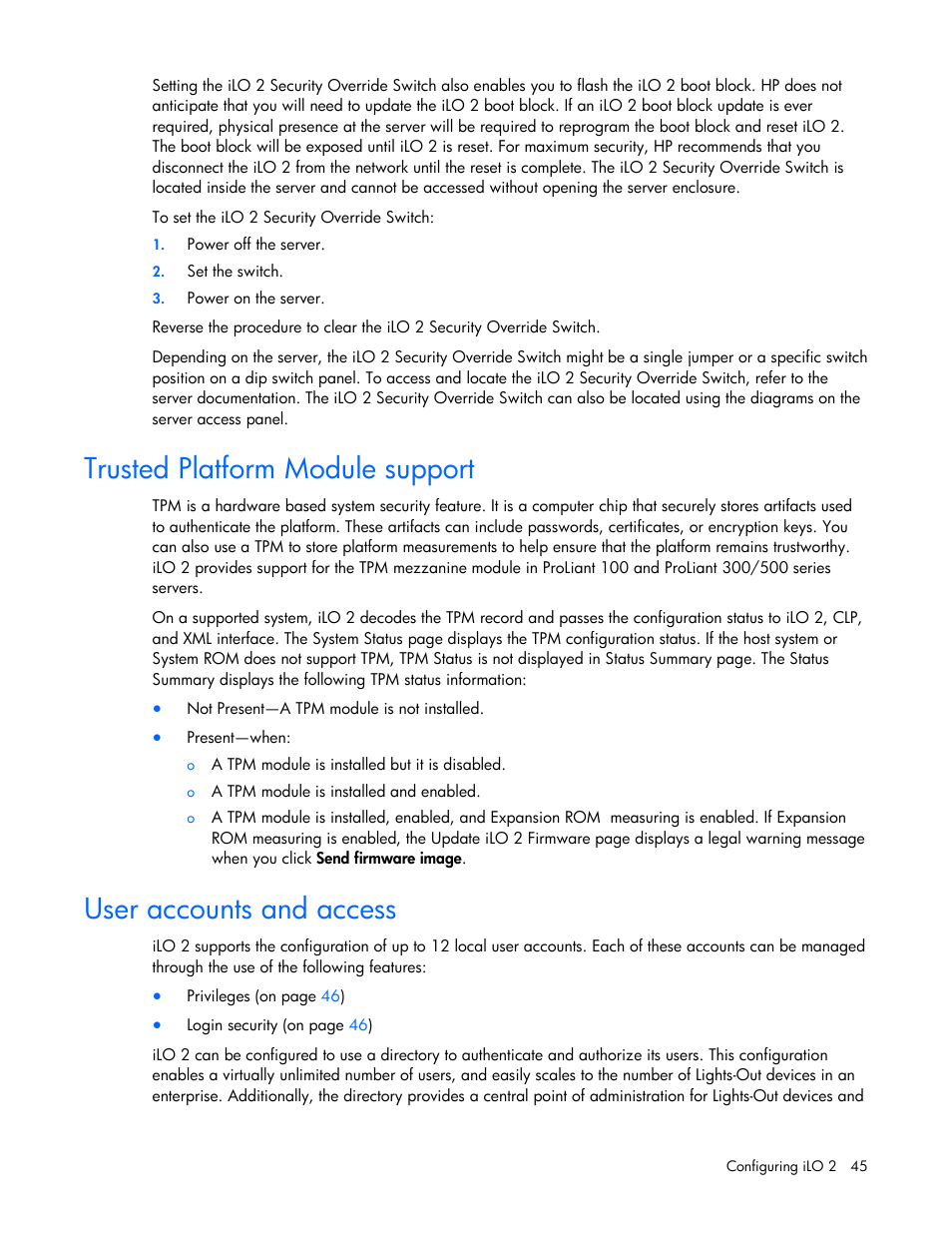Trusted platform module support, User accounts and access | HP Integrated Lights-Out User Manual | Page 45 / 236