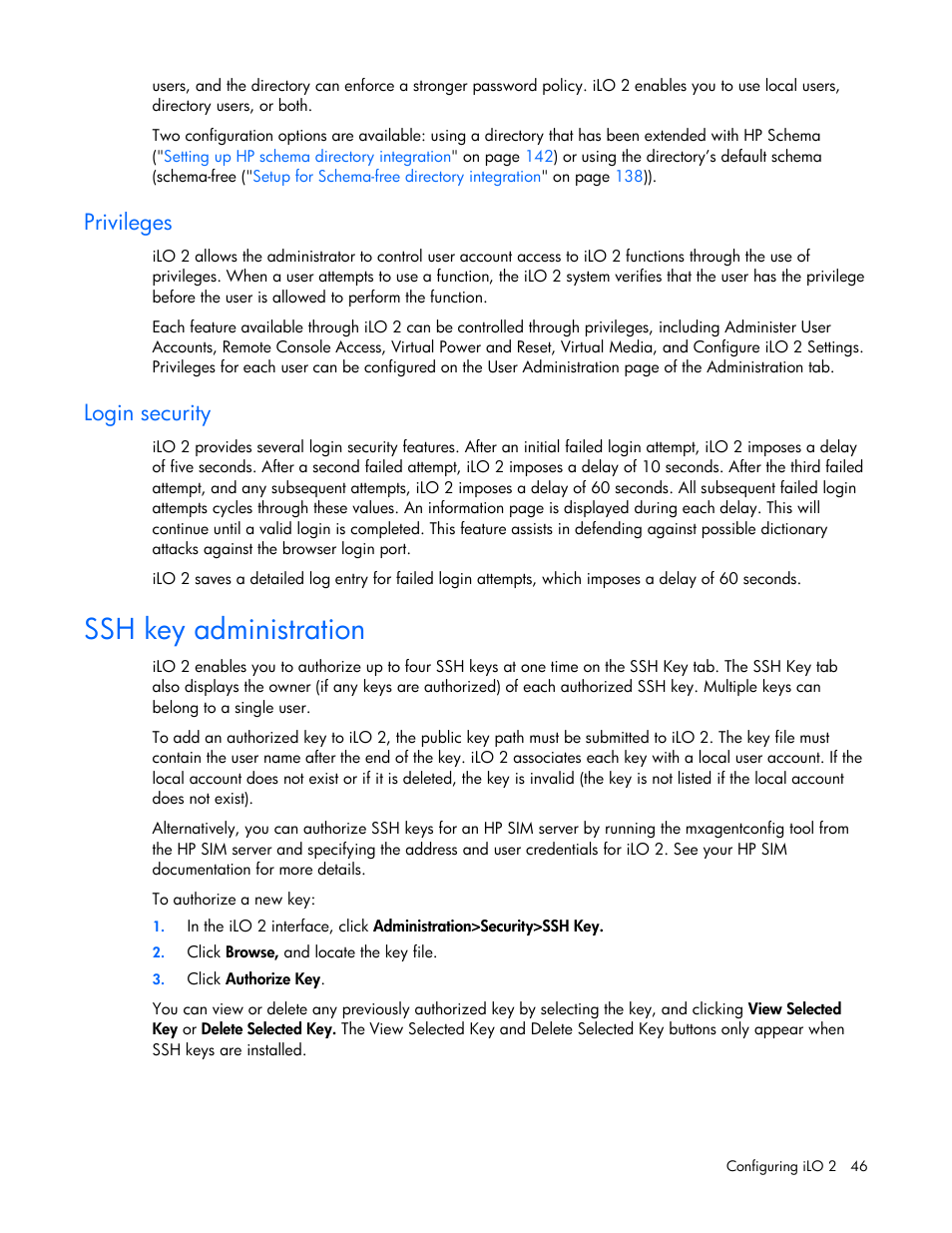 Privileges, Login security, Ssh key administration | HP Integrated Lights-Out User Manual | Page 46 / 236