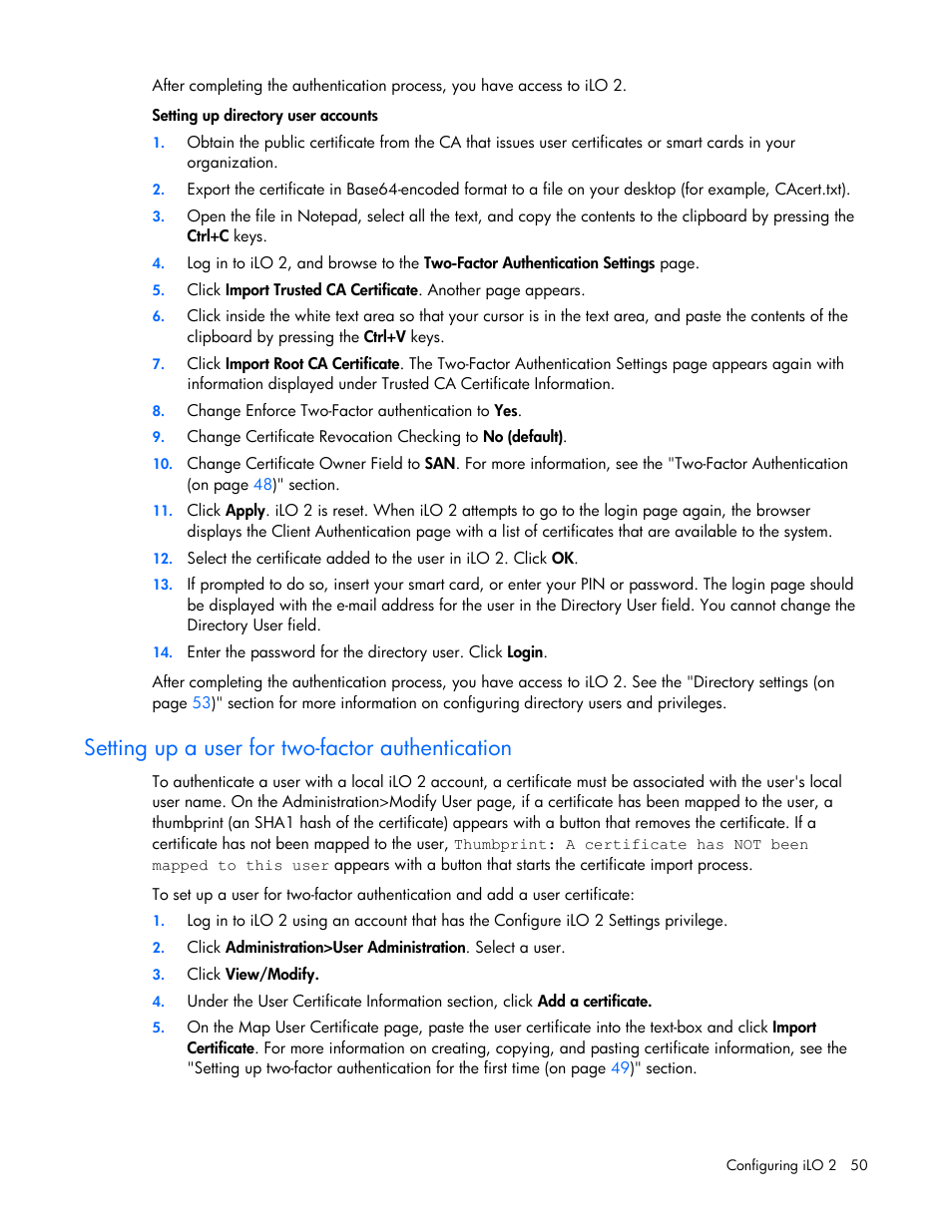 Setting up a user for two-factor authentication | HP Integrated Lights-Out User Manual | Page 50 / 236