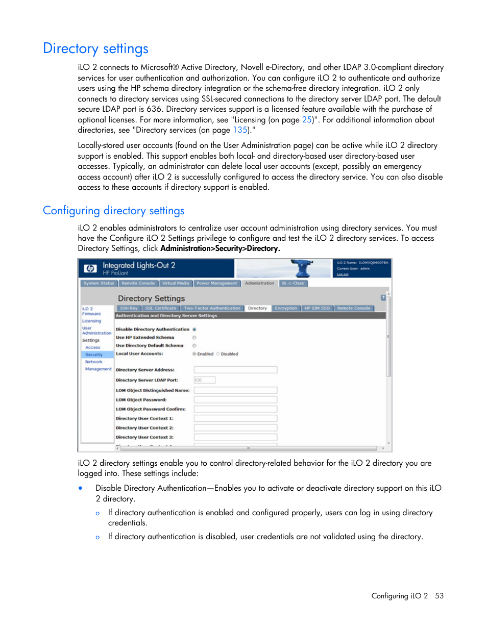Directory settings, Configuring directory settings | HP Integrated Lights-Out User Manual | Page 53 / 236