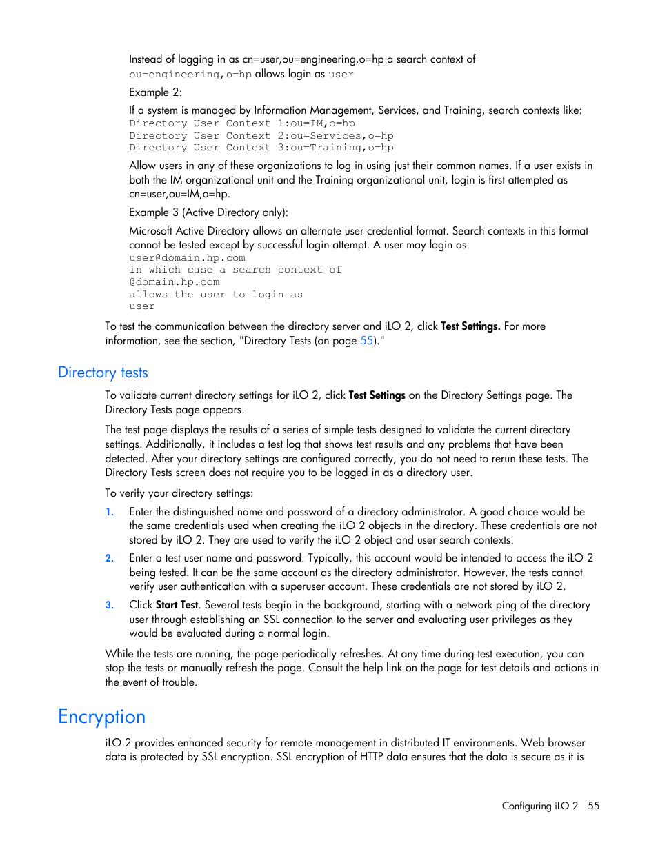 Directory tests, Encryption | HP Integrated Lights-Out User Manual | Page 55 / 236