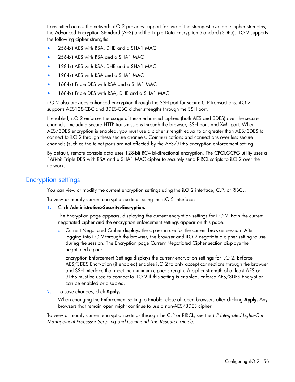 Encryption settings | HP Integrated Lights-Out User Manual | Page 56 / 236
