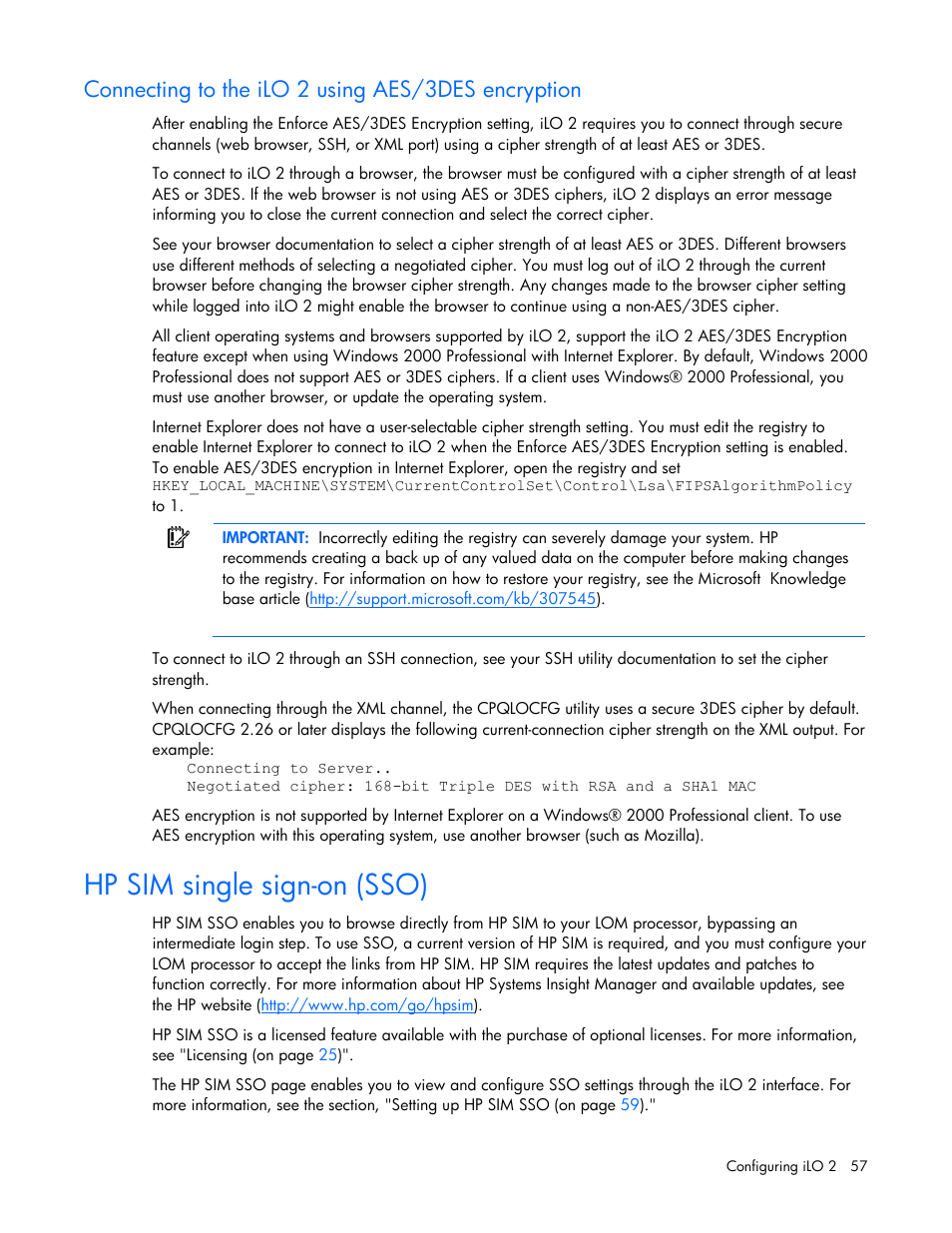 Connecting to the ilo 2 using aes/3des encryption, Hp sim single sign-on (sso) | HP Integrated Lights-Out User Manual | Page 57 / 236