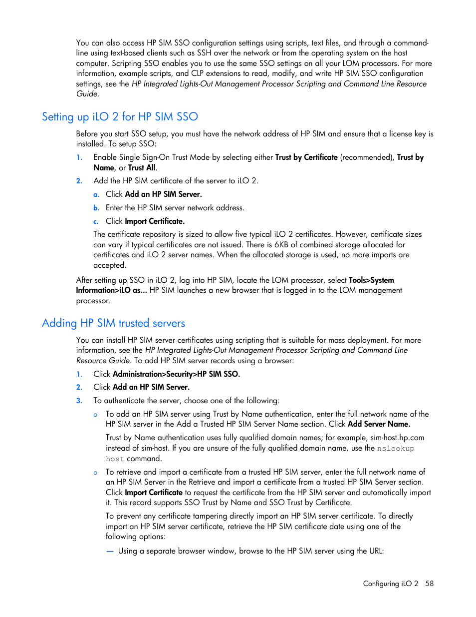 Setting up ilo 2 for hp sim sso, Adding hp sim trusted servers | HP Integrated Lights-Out User Manual | Page 58 / 236