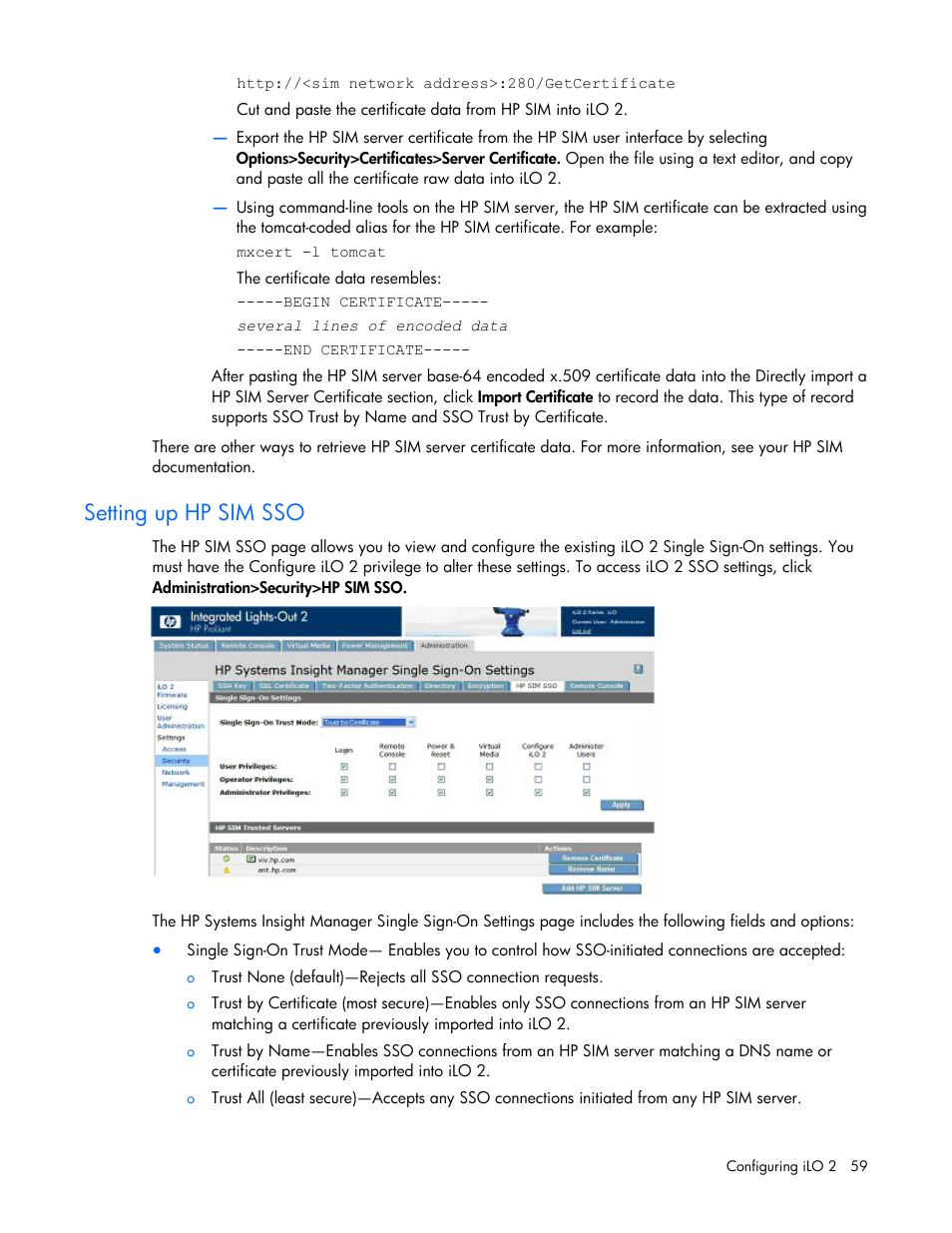 Setting up hp sim sso | HP Integrated Lights-Out User Manual | Page 59 / 236