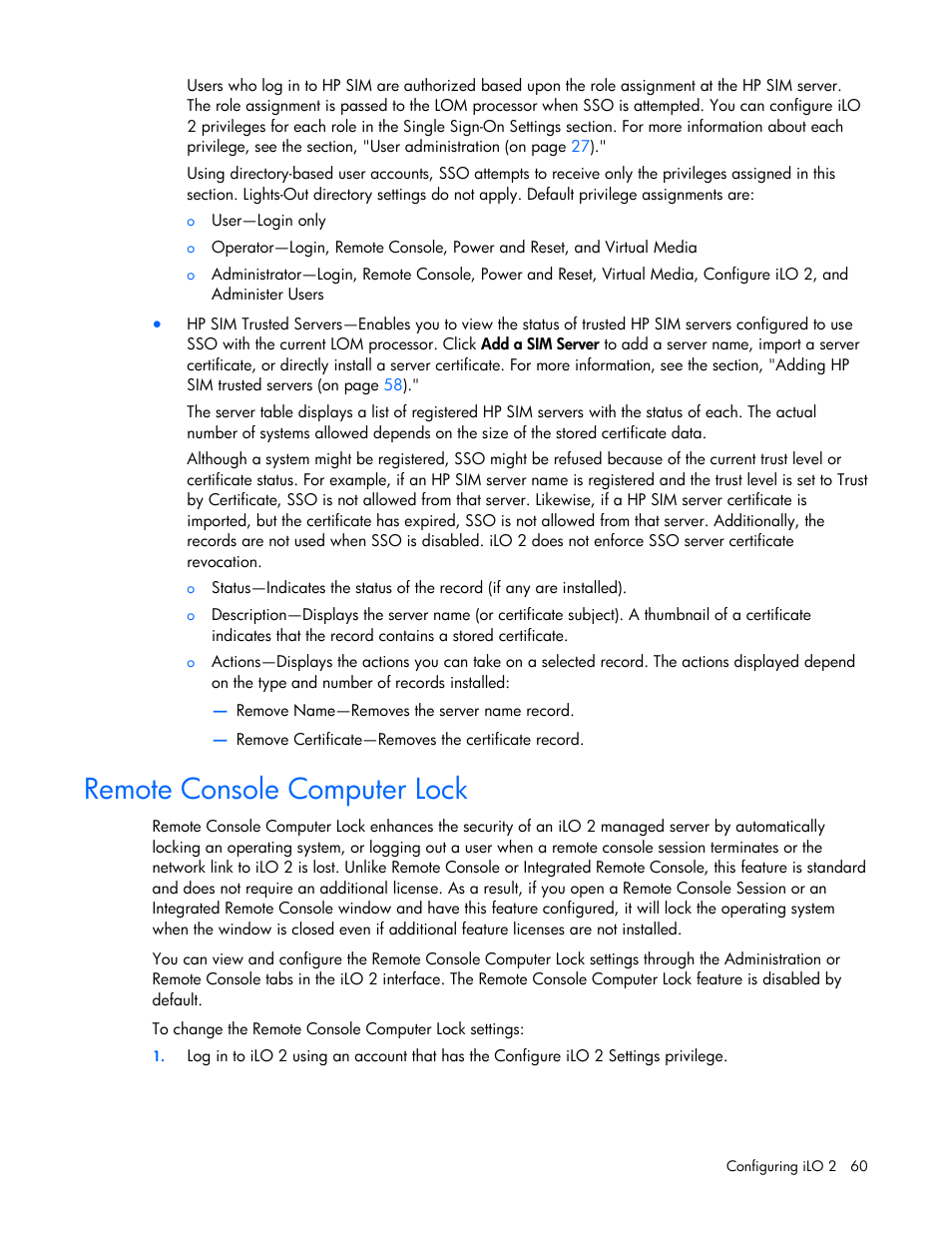 Remote console computer lock | HP Integrated Lights-Out User Manual | Page 60 / 236