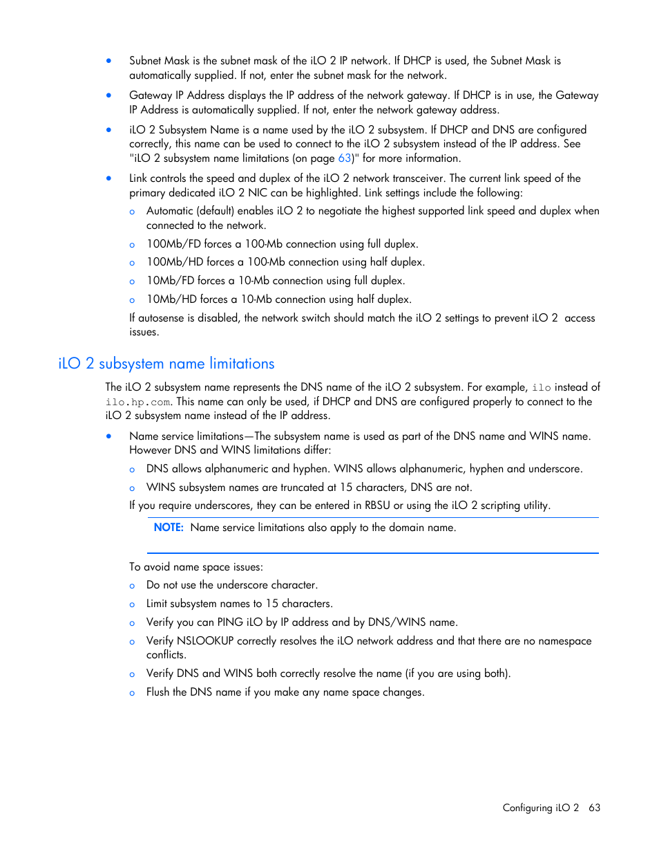 Ilo 2 subsystem name limitations | HP Integrated Lights-Out User Manual | Page 63 / 236