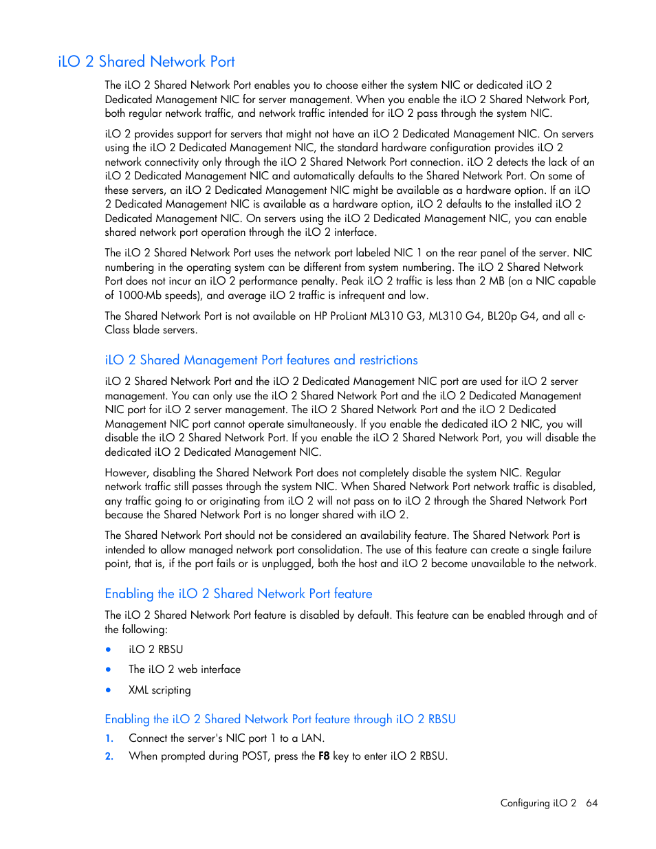 Ilo 2 shared network port, Enabling the ilo 2 shared network port feature | HP Integrated Lights-Out User Manual | Page 64 / 236