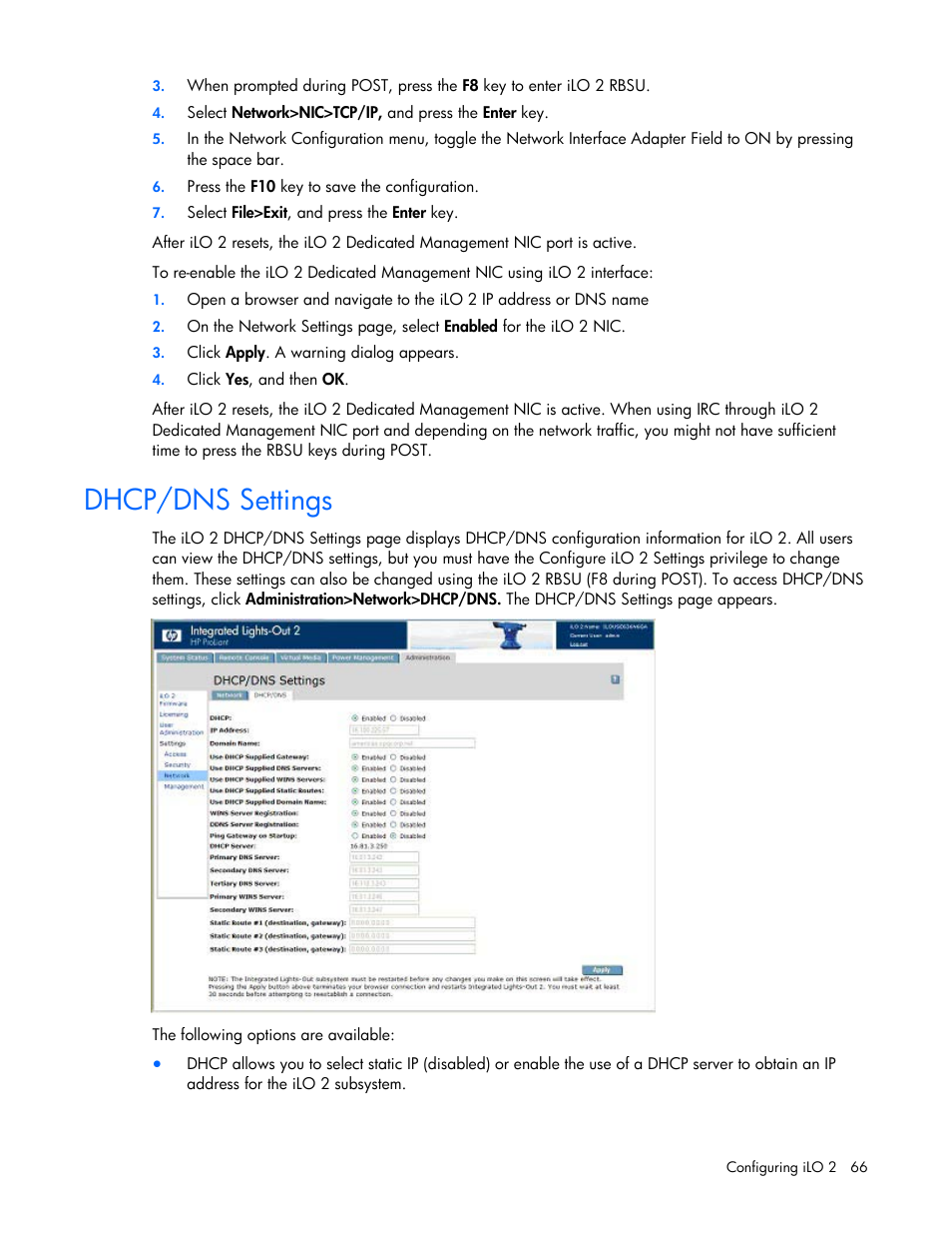 Dhcp/dns settings | HP Integrated Lights-Out User Manual | Page 66 / 236